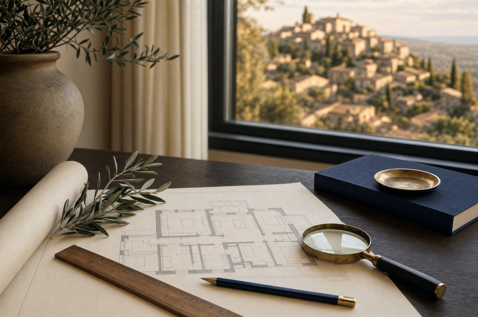 Plan du bien étudié devant un village perché de Provence