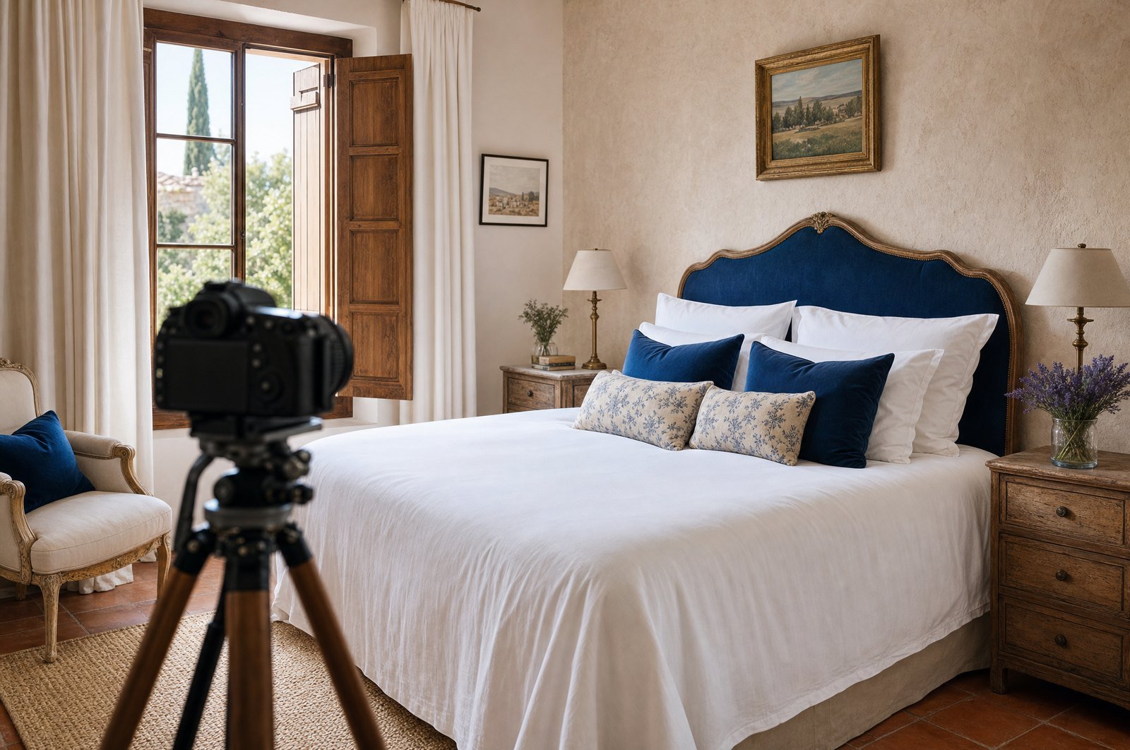 Chambre préparée et appareil photo sur pied avant le shooting de l'annonce
